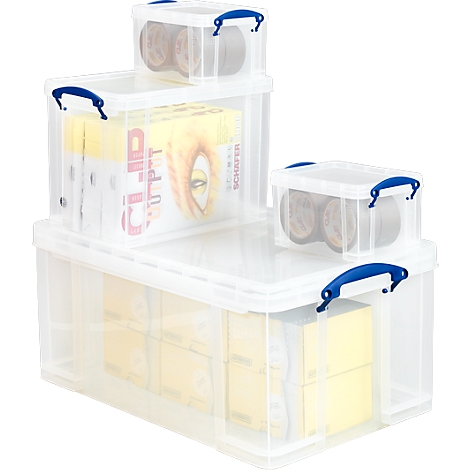 Boîtes de rangement transparentes de différentes tailles, avec des poignées bleues, remplies de papier et de ruban adhésif.