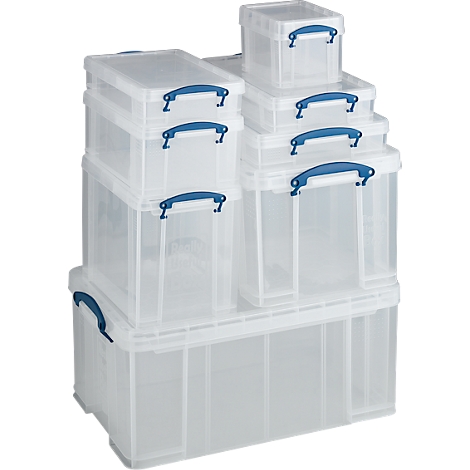 Boîtes en plastique transparent de différentes tailles, empilées. Poignées bleues.