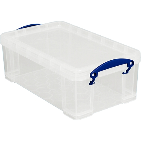 Boîte en plastique transparente avec poignée bleue. Le couvercle est bien fermé.