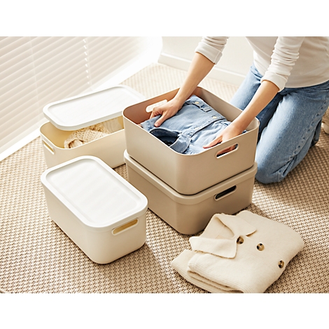 Boîte de transport Rotho Albula, volume 12 l, empilable, avec couvercle amovible et trous de préhension, L 395 x l 235 x H 177 mm, plastique recyclé, blanc