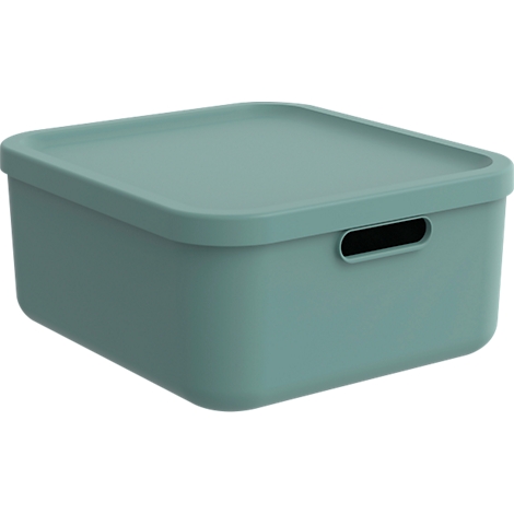 Boîte de rangement carrée turquoise clair avec couvercle et poignée. La boîte est en plastique.