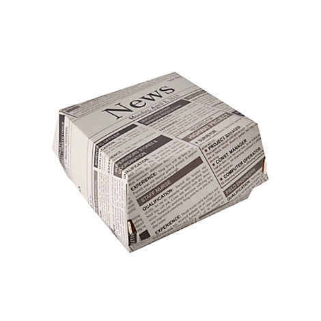 Un récipient rectangulaire avec une impression de journal. Le haut indique "News", et en dessous, des offres d'emploi.