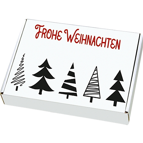Boîte blanche avec l'inscription rouge "Joyeux Noël" et des sapins noirs.