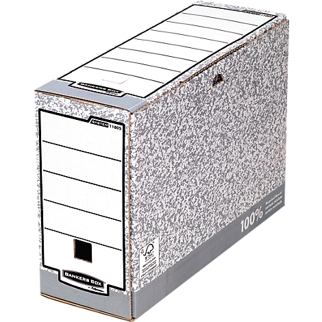 Boîte d'archives grise avec étiquette blanche et impression. Inscription : "BANKERS BOX".