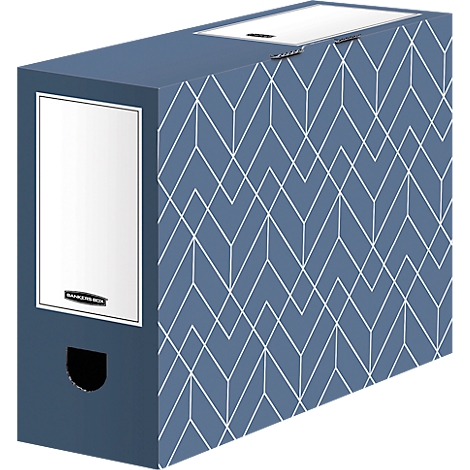 Classeur à motifs bleu et blanc ; étiquette blanche, supports noirs et trou de poignée.