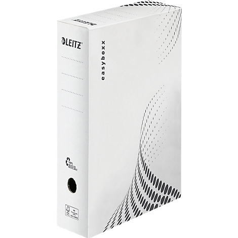 Boîte d'archives blanche Leitz Easyboxx avec des points noirs sur le devant et le logo Leitz.