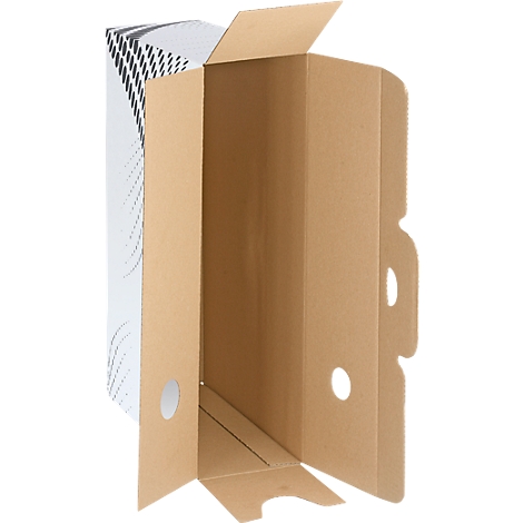 Boîte de classement marron ouverte avec motif blanc sur le côté. Deux poignées rondes et une languette repliée.