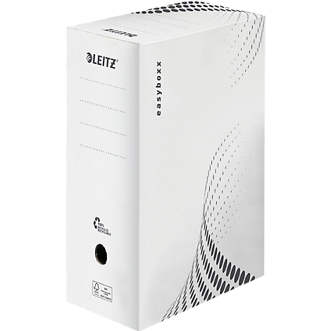 Boîte d'archives Leitz easyboxx blanche, avec étiquettes et un trou sur le côté, ainsi que le logo et des éléments de design.