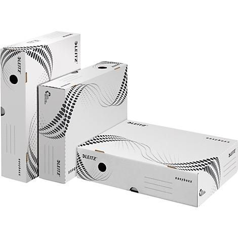 Boîtes de classement blanches, partiellement ouvertes. Inscriptions : Leitz, easybox, motif vagues.