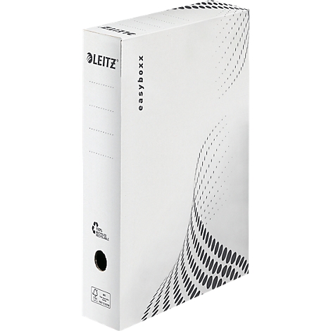 Classeur blanc avec logo noir et l'inscription 'easyboxx'. Sur le côté, un symbole de recyclage. Un motif de points en arrière-plan.