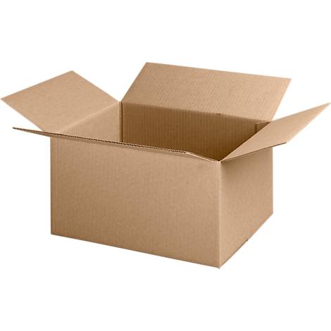 Boîte en carton marron, ouverte. Les panneaux avant et latéraux forment le corps rectangulaire, couvercle déplié.