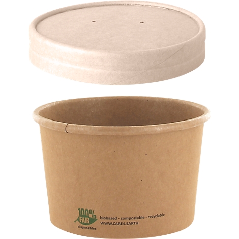 Bol à soupe brun avec couvercle. Texte: 100% FAIR, biosourcé, compostable, recyclable. WWW.CARE4EARTH.