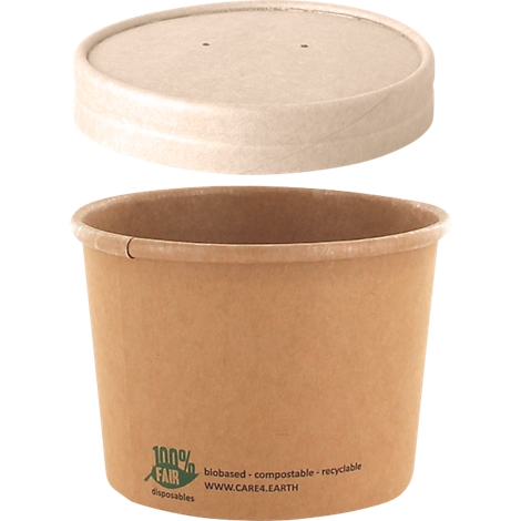 Bol à soupe brun avec couvercle. Le couvercle est beige clair et comporte deux petits trous. Le bol porte l'inscription 100% Fair.