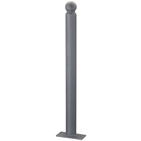 Bolardo gris con cabeza redonda, centro cilíndrico y placa base rectangular.