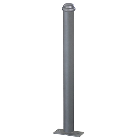 Bolardo gris con tapa redonda y placa base rectangular.