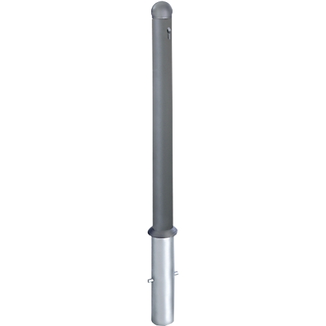 Columna gris con parte superior redondeada, de pie sobre una base plateada en la parte inferior.