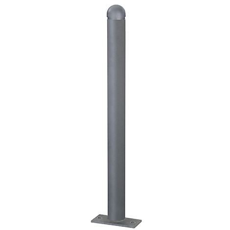 Bolardo gris con parte superior redondeada y base rectangular. El bolardo es de metal.