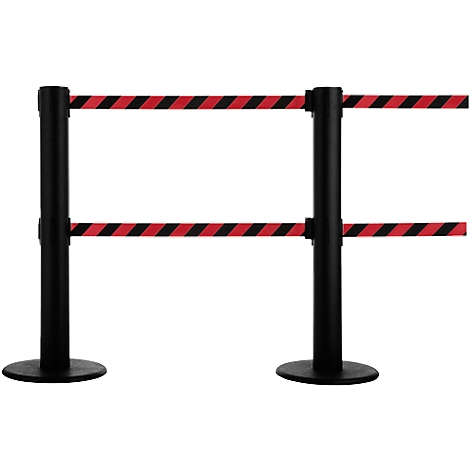 Two black stanchions with red and black striped belts.