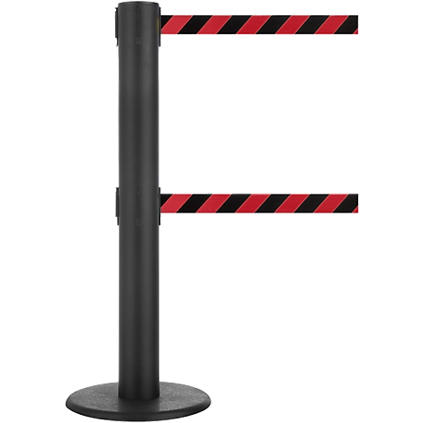 Black barrier post with red and black striped belt. The post has a round base.