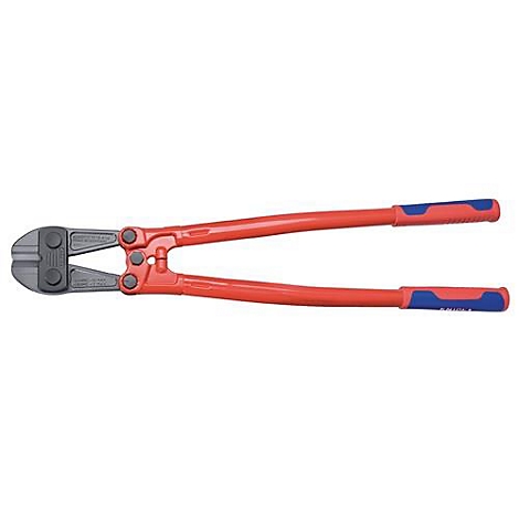 Red bolt cutters with blue handles.