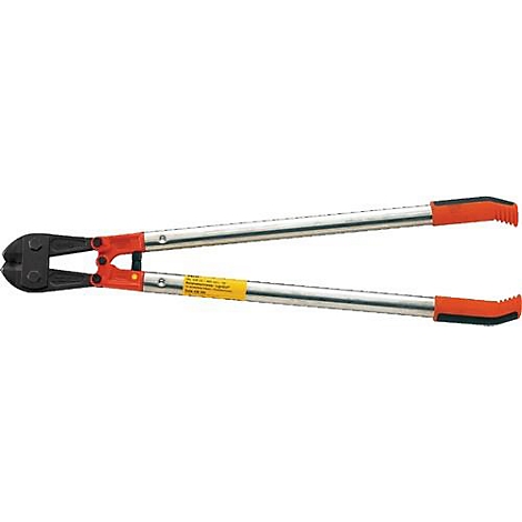Large bolt cutters with black cutting jaws and orange handles. The long levers are silver-colored. Information is written on a yellow sticker.
