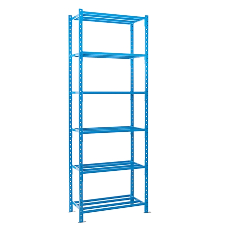 Blue metal shelf with six shelves, against a white background. The shelf is empty.