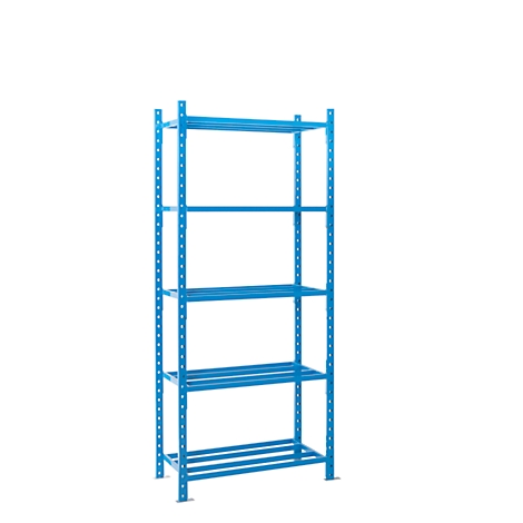 Blue metal shelving unit with 5 shelves against a white background. Sturdy construction, ideal for storage.