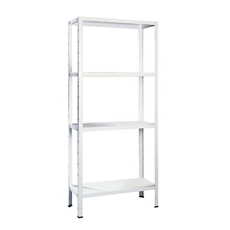 White shelf with four shelves on a white background.
