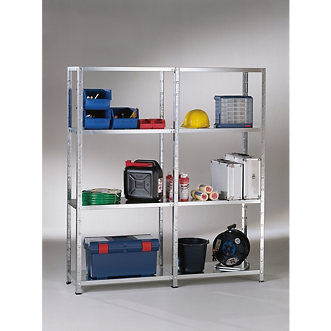 Metal shelving unit with tools, including containers, a toolbox and a safety helmet.