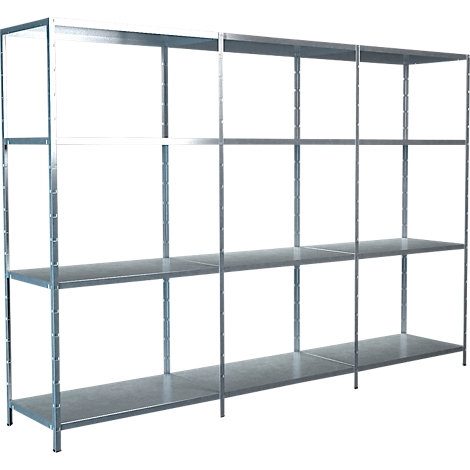 A metal shelving unit with multiple levels, against a neutral background. The shelves are empty.