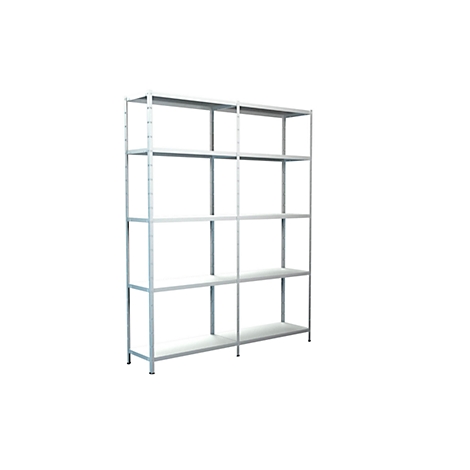 A bright, silver shelving unit with five levels against a white background.