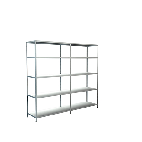 Grey, empty shelf against a white background. It has four shelves and metal supports.