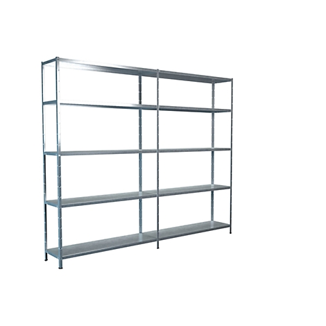 Multi-tier metal shelf on a white background. Various shelves are connected by vertical struts.