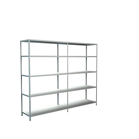 A freestanding, metal shelving system with five shelves. Light, minimalist design on a white background.