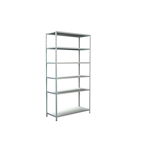 Gray, freestanding metal shelving unit with six shelves on a white background.