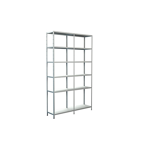 Metal shelf with six shelves, against a white background. The shelves are empty.