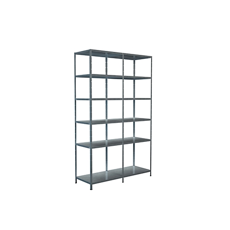 Gray metal shelf with six levels, standing on a white background.