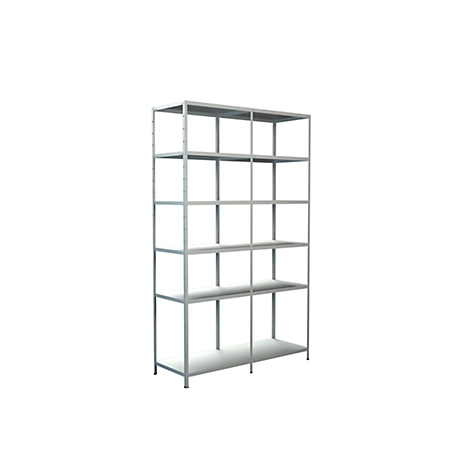 Metal shelving unit with 6 shelves. The silver construction stands against a white background.