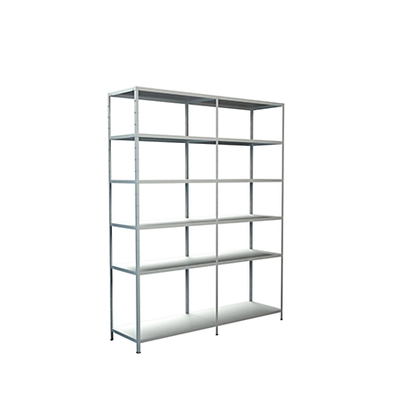 An empty, gray metal shelf with six levels in front of a white background.