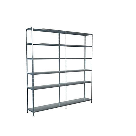 A metallic, grey shelving unit with multiple levels, isolated against a white background. It is empty and provides storage space.