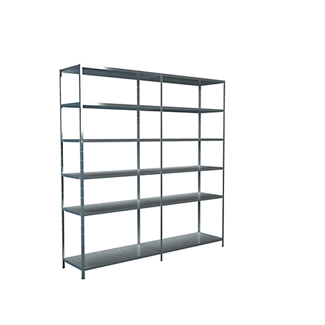 Metal shelf with multiple tiers against a white background.