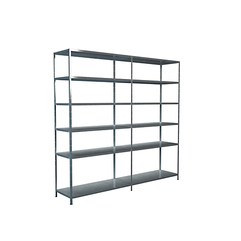 Metal shelving unit against a white background. Multiple horizontal shelves connected by vertical supports.