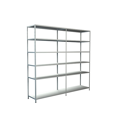 Grey metal shelving unit with six levels against a white background.