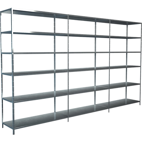 Large, gray metal shelving unit with multiple levels, set against a white background. Clear structure, ideal for storage.