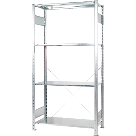 Metal shelf with four levels, against a white background. Metal construction with visible screws.