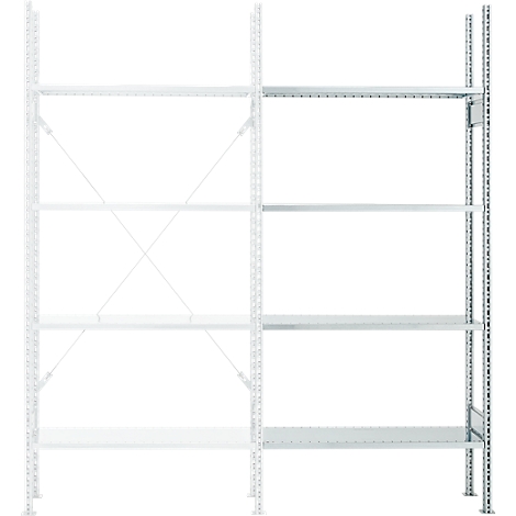 Metal shelving unit with multiple levels, painted white, against a white background.