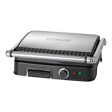 Elektrischer Kontaktgrill von Bomann mit silberner Edelstahl-Oberfläche und schwarzem Gehäuse vor weißem Hintergrund.