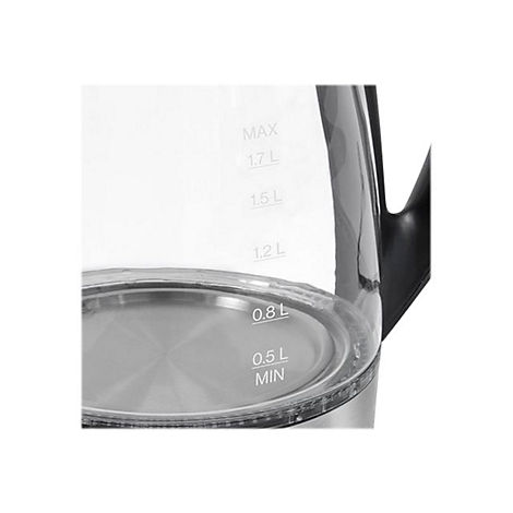 Nahaufnahme der Füllstandsanzeige eines Glaskessels mit Markierungen von 0,5 L bis 1,7 L.