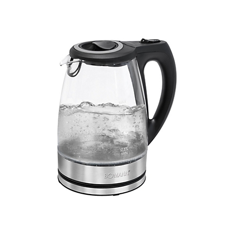 Moderner, durchsichtiger Wasserkocher aus Glas und Edelstahl mit kochendem Wasser vor weißem Hintergrund.