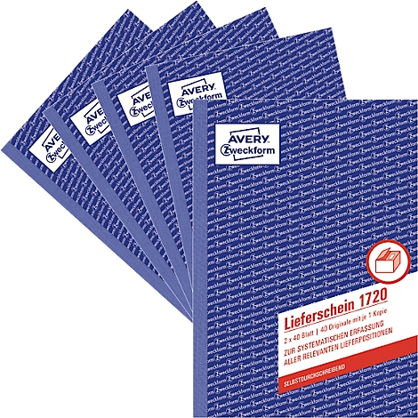 Cinq blocs de formulaires bleus avec logo et texte. Sur un bloc est écrit "Lieferschein 1720".